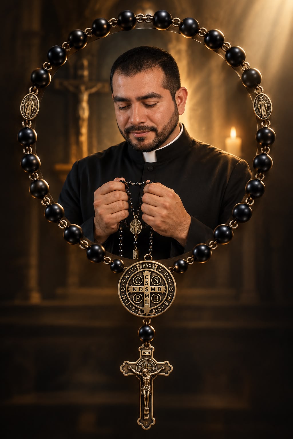 Padre Felipe rezando con el Rosario de San Benito